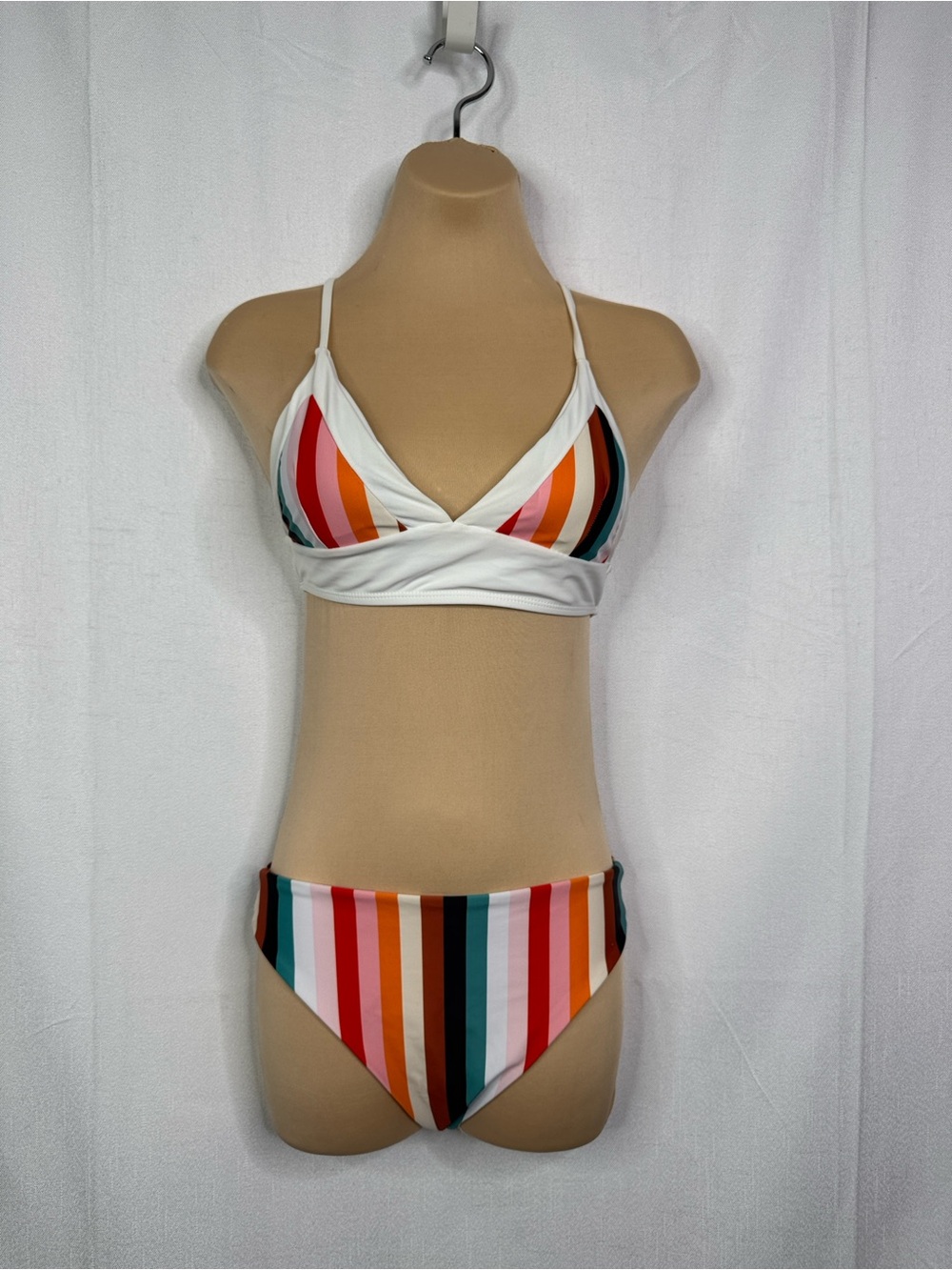 599. Zaful White Triangle Bikini with Multicolor Stripes Small
